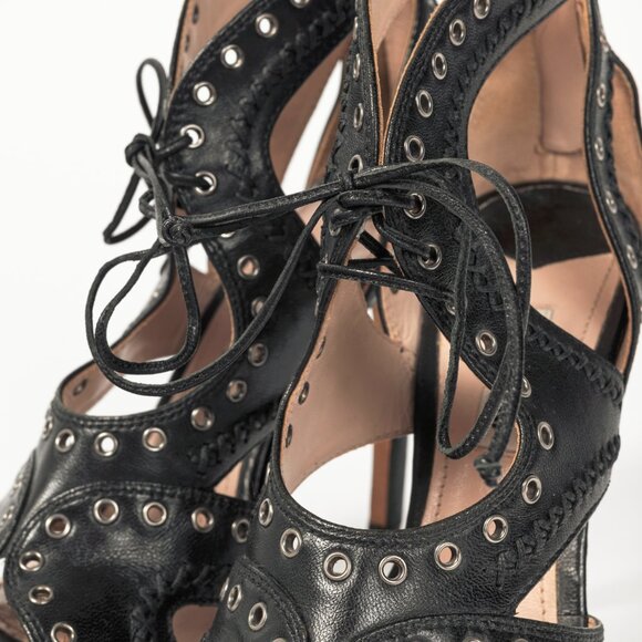 Miu Miu Black Leather Grommet Lace-Up Sandals - Picture 7 of 10